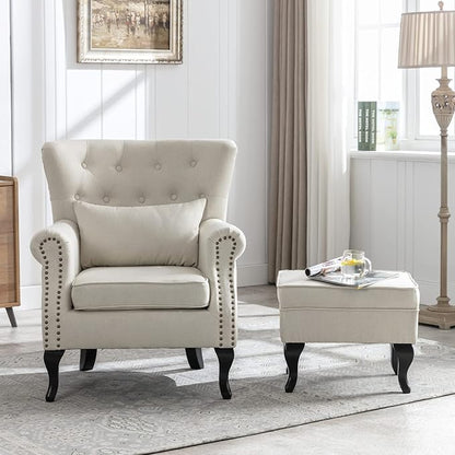 Mid Century Modern Accent Chair Upholstered Armchair Comfy Linen Fabric Tufted Wingback Single Sofa with Ottoman for Bedroom Living Room, Beige