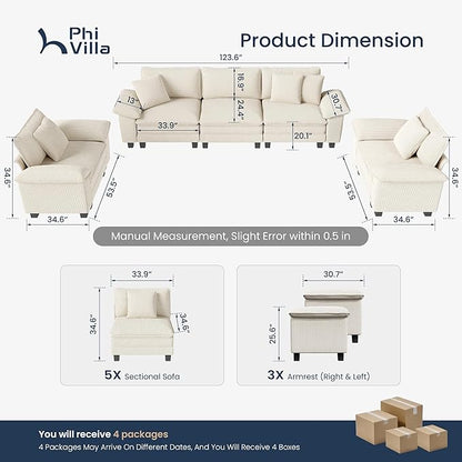 PHI VILLA Cloud Modular Couches Sets, 3 Pieces Large Sectional Sofa Set with Single Sofa, 5-Seater Upholstered Couch for Living Room, Corduroy, Beige