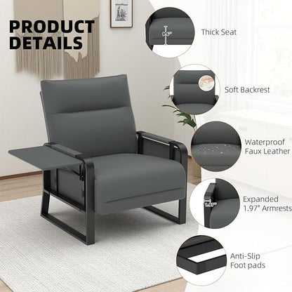 Upholstered Accent Chairs Set of 2, Modern Faux Leather Sofa Chairs with Foldable Side Tray Table & Storage Pocket, Small Accent Sofas for Living Room, Bedroom, Gray