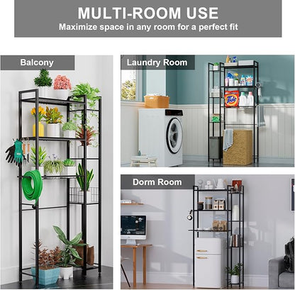 31.5" Wide Over The Toilet Storage, Solid Wood Over Toilet Bathroom Organizer with Paper Holder, Hooks, Side Shelf, 7-Tier Metal Over Toilet Shelves Rack for Laundry, Dorm Room, Balcony, Black