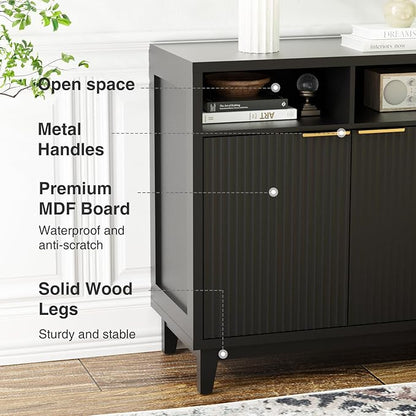 Buffet Cabinet with Storage - Elegant Fluted Storage Cabinet with Adjustable Shelves and Solid Wood Leg, Modern Buffet Sideboard for Living Room, Dining Room, Entryway