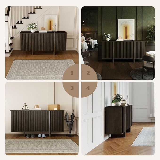 LukeAlon Fluted Sideboard Cabinet with Storage, 65" Mid-Century Modern Accent Buffet Cabinet, Wooden Credenza Cabinets for Living Room Dining Room Entryway Hallway, Walnut Color