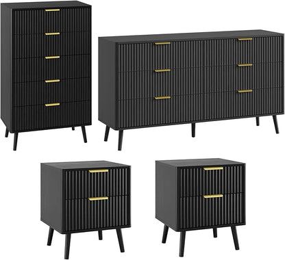 LYNSOM Fluted Dresser and Nightstand Sets 4 Piece, 2-Drawer Nightstands and 5/6 Drawers Dresser, Wood Bedroom Furniture Set for Home, Bedroom, Hallway, Black