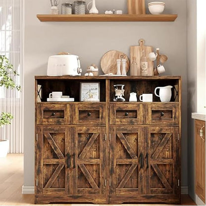 Rustic Brown Farmhouse Storage Cabinet with Barn Doors and Shelves, Freestanding Kitchen Pantry Storage Cabinet, Coffee Bar Station, Hutch Cupboard for Kitchen, Dining Room, Livingroom