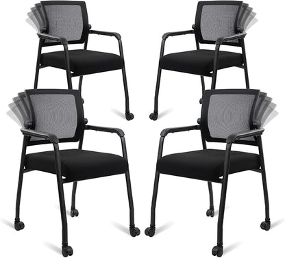 4PK Office Guest Chairs No Wheels | Ergonomic Lumbar Support and Thicked Seats Cushion, Desk Chair with Adjustable Mesh Back for Waiting Room School Church Reception，Black