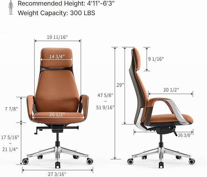EUREKA ERGONOMIC Serene Executive Office Chair Genuine Leather Office Chair, Modern Executive Chair 135° Back Support Comfy Desk Chair with Arms & Aluminum Base for Home-Brown