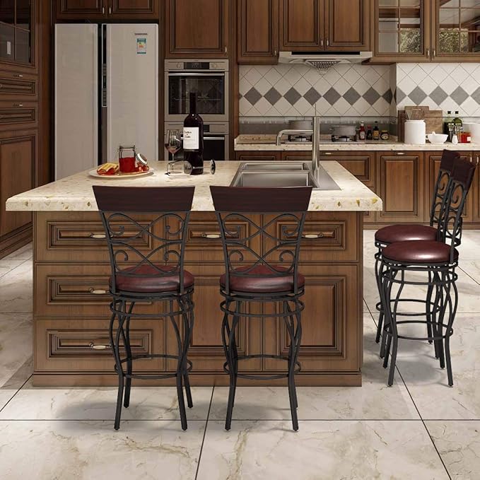COSTWAY Bar Stools Set of 4, 360 Degree Swivel, 30" Bar Height Bar stools, with Leather Padded Seat Bistro Dining Kitchen Pub Metal Vintage Chairs with Back (Set of 4)