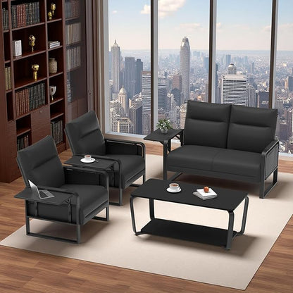 3 Piece Living Room Sofa Set, Leather Sofa Sets with Side Tray & Pocket, Modern 3 Pcs Sectional Couches Set for Apartment, Office, Bedroom (Black, Lovseat+2-Seat)
