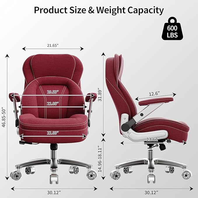 Big and Tall Office Chair, 600lbs Heavy Duty Desk Chair with 5D Arms, Adjustable Lumbar Support & Height, Tilt Function, Fabric High Back Ergonomic Executive Computer Chair with 3'' Casters