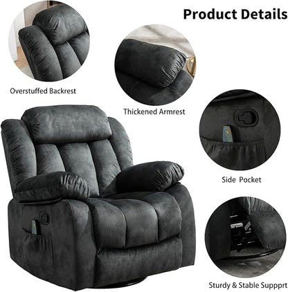 CANMOV Massage Swivel Rocker Recliner Chair with Heat and Vibration, 360 Degree Swivel Manual Recliners Antiskid Fabric Single Sofa Heavy Duty Reclining Chair for Living Room, Grey Green