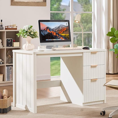 48" Modern Fluted Executive Desk with Storage Cabinet, White Wood Home Office Desk with File Drawer & Metal Handles, Large Computer Writing Table for Office,Study, Living Room, Bedroom