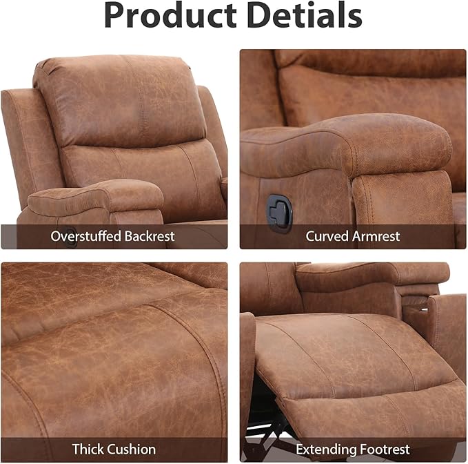 Brown Recliner Chair, Single Overstuffed Sofa Recliners, Breathable Faux Leather Manual Reclining Chairs with Hidden Cup Holder, Arm and Back for Adults, Living Room, Bedroom, Brown