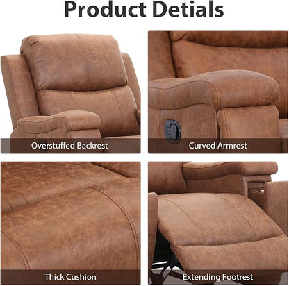 Brown Recliner Chair, Single Overstuffed Sofa Recliners, Breathable Faux Leather Manual Reclining Chairs with Hidden Cup Holder, Arm and Back for Adults, Living Room, Bedroom, Brown