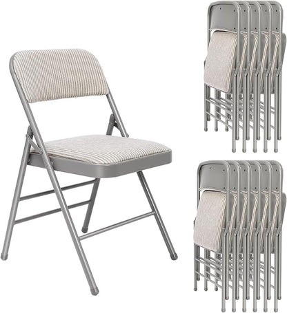 12 Pack Folding Chairs Fabric Dining Chair Set with Padded Cushion and Back, Indoor Outdoor Foldable Seat with Steel Frame for Home Office Events Wedding Party, Oatmeal Strip Seating