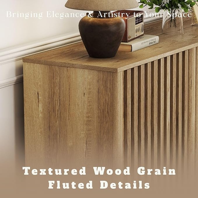 LukeAlon Fluted Sideboard Cabinet, Farmhouse Boho Accent Buffet Cabinet with Storage, 47" Wooden Credenza Hallway Cabinets for Living Room Dining Room Entryway, Natural Wood Color