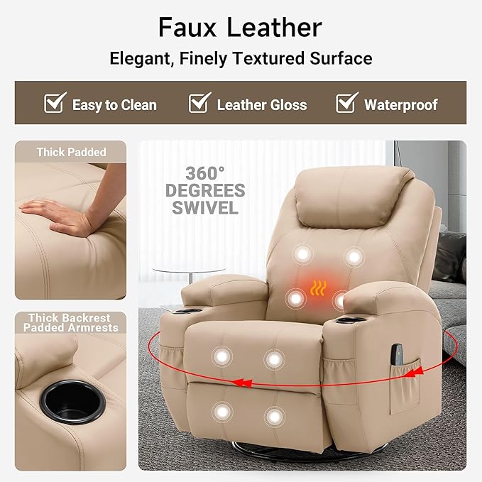 Recliner Chair, Rocking Chair with Massage and Heat, 360° Swivel Recliner Chairs for Adults, Rocker Manual Recliner with Remote Control and Cup Holder for Living Room, Bedroom, Nursery