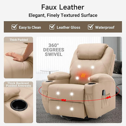 Recliner Chair, Rocking Chair with Massage and Heat, 360° Swivel Recliner Chairs for Adults, Rocker Manual Recliner with Remote Control and Cup Holder for Living Room, Bedroom, Nursery
