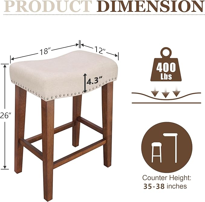 PrimeZone Counter Height Bar Stools Set of 6 - Backless Saddle Barstools with 4.3" Thick Upholstered, Nailhead Trim Linen Fabric & Solid Wood Legs, 26 Inch Counter Stools for Kitchen Island, Beige