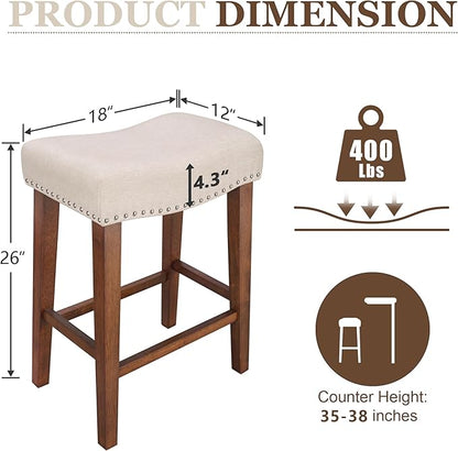 PrimeZone Counter Height Bar Stools Set of 4 - Backless Saddle Barstools with 4.3" Thick Upholstered, Nailhead Trim Linen Fabric & Solid Wood Legs, 26 Inch Counter Stools for Kitchen Island, Beige
