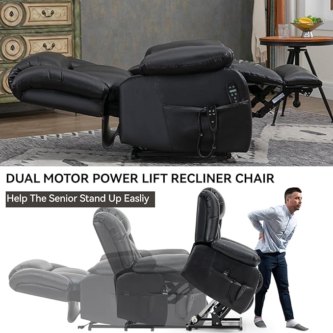Luxlen Electric Power Lift Recliner Chair with Vibration Massage and Heat, Leather Reclining Chairs for Elderly with Remote Controls, Side Pockets, Big and Tall Recliner, Black
