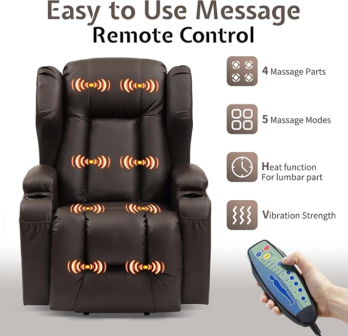 URRED Power Lift Recliner Chair for Elderly, Electric Massage Recliner with Heat, Infinite Position Adjustment, Faux Leather Lift Chair with Cup Holders, Side Pockets & USB Port – Brown
