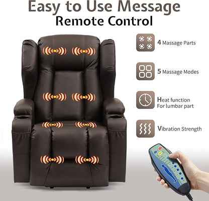 URRED Power Lift Recliner Chair for Elderly, Electric Massage Recliner with Heat, Infinite Position Adjustment, Faux Leather Lift Chair with Cup Holders, Side Pockets & USB Port – Brown