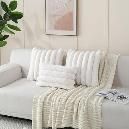 FUTEI Cream White Decorative Throw Pillow Covers 12x20 Inch Set of 2, Square Soft Faux Rabbit Fur Thick Striped Lumbar Pillow Case,Winter Home Decor for Couch Bed Living Room
