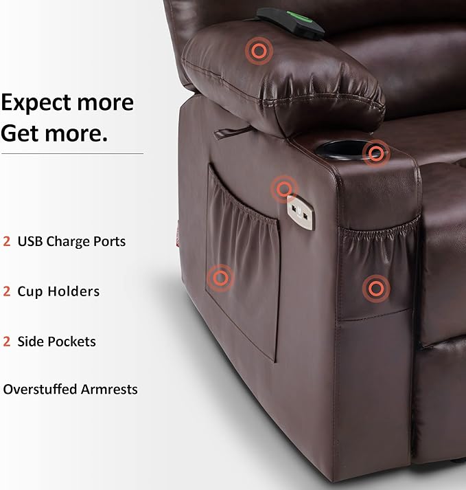 MCombo Power Lift Recliner Chair for Elderly, Lift Chair with Heat and Massage, USB &Type C Ports, Cup Holders, Faux Leather 7095 (Medium, Dark Brown)