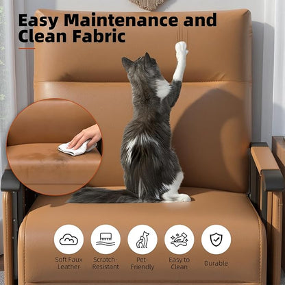 Upholstered Accent Chairs Set of 2, Modern Faux Leather Sofa Chairs with Foldable Side Tray Table & Storage Pocket, Small Accent Sofas for Living Room, Bedroom, Brown