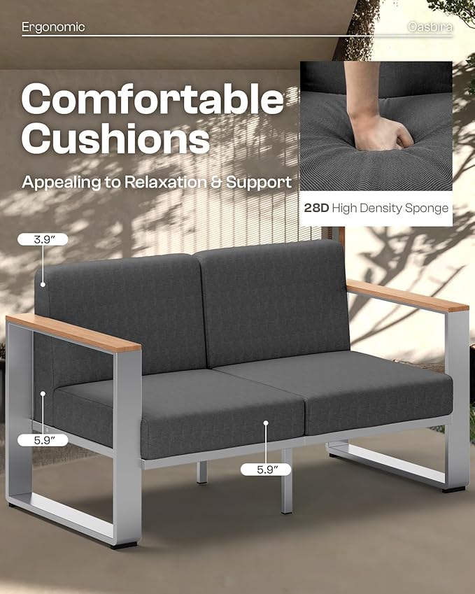 Aluminum Patio Furniture Set, 5 Seats Outdoor Patio Conversation Sets with Ergonomic Seat and Washable Thick Cushions, Modern Outdoor Sectional Furniture for Balcony, Porch (Teak-Charocal)