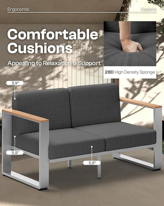 Aluminum Outdoor Furniture Set, 4 Seats Outdoor Patio Conversation Sets with Ergonomic Seat and Wide Thick Cushions, Modern Patio Sectional Furniture for Balcony, Porch (Teak-Charocal)