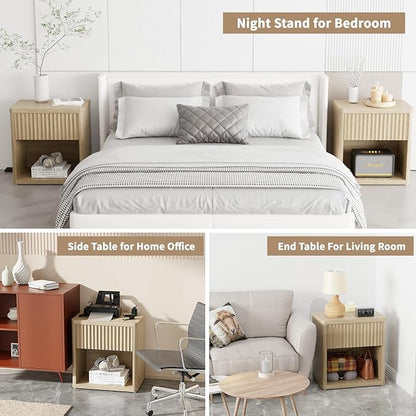 Large Modern Nightstand with Drawer Storage 22.8Inch Wide Fluted Bedside Table End Table for Bedroom, Living Room, Sofa, Couch, Home Office，Mid Century Bed Stands