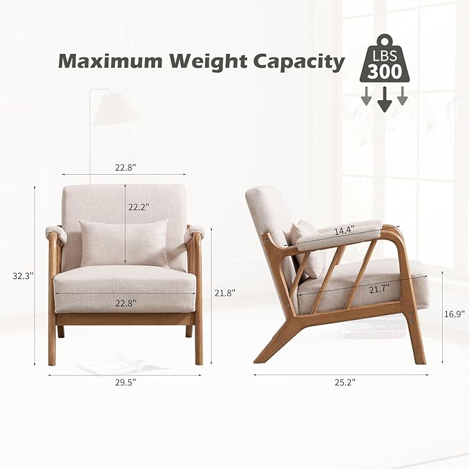 Mid Century Modern Accent Chair with Solid Wood Frame, Upholstered Living Room Chairs with Lumbar Cushion Padded Arms, Reading Armchair for Bedroom Set of 2, Linen Beige