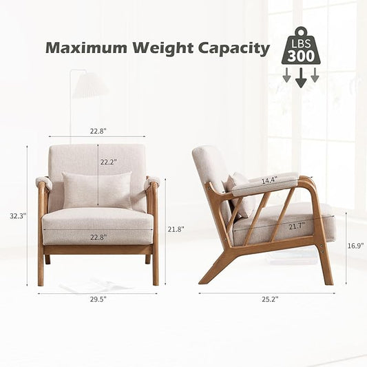 Mid Century Modern Accent Chair with Solid Wood Frame, Upholstered Living Room Chairs with Lumbar Cushion Padded Arms, Reading Armchair for Bedroom Set of 2, Linen Beige