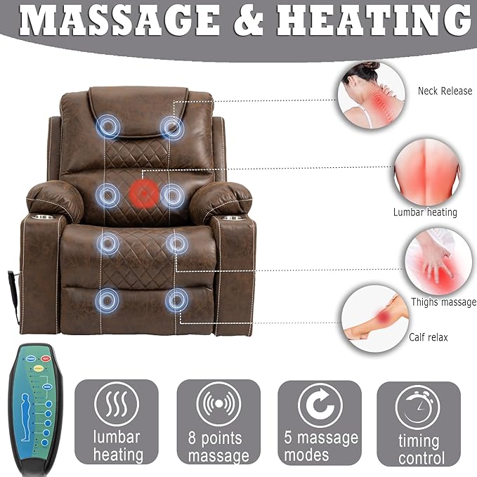 Large Power Lift Recliner Chair Sofa with Massage and Heat for Big and Tall Elderly,Infinite Positions,Dual Motor,Cup Holders,Extended Footrest,Air Leather Home Theater Seat