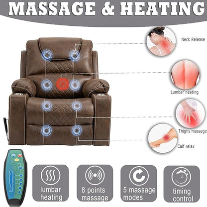 Large Power Lift Recliner Chair Sofa with Massage and Heat for Big and Tall Elderly,Infinite Positions,Dual Motor,Cup Holders,Extended Footrest,Air Leather Home Theater Seat