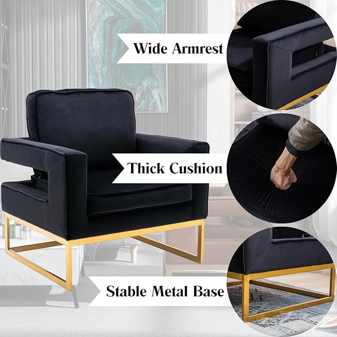 Modern Accent Chair Set of 2, Velvet Upholstered Side Chair with Backrest, Comfy Armchair Side Chair with Golden Metal Base for Living Room Reception Room, Black