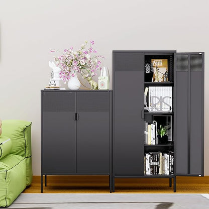 61 Inches Metal Storage Cabinet with Doors and Shelves, 4 Tier Kitchen Pantry Cabinet, Metal Cabinet for Home Office, Dinning Room, Laundry Room, Living Room, Bathroom and Utility Room (Black)