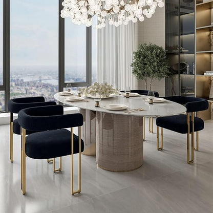 Set of 4 Black and Gold Modern Dining Chairs, Velvet Upholstered Barrel Armchairs with Metal Legs for Kitchen Island, Mid Century Accent Chairs for Dining Room Living Room, Open-Back