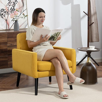 Mid Century Accent Chair, Fabric Modern Chair with Wooden Frame, Cozy Armchair Reading Chair with Comfy Back for Apartment, Living Room, Bedroom, Waiting Room, Small Space, Corner, Yellow