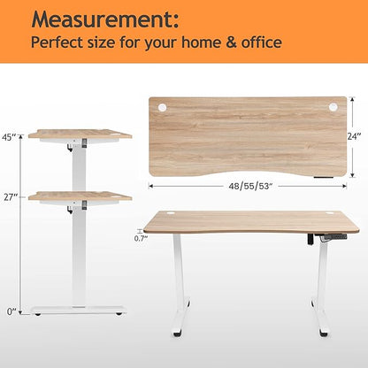 Electric Adjustable Standing Desk with Wheels, 63'' x 24''Sit Stand Desk with Dual Crossbeam and Mouse Pad, 27''-46'' Lifting Range Computer Table with Ergonomic Arc Desktop (Oak Arc)