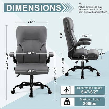 Executive Office Chair, High Back Ergonomic Comfy Desk Chair with Padded Flip-up Armrests and Wheels, PU Leather Heavy Duty Computer Swivel Rolling Task Chair for Home Office, Adults, Gray
