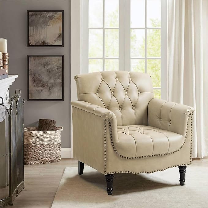 Faux Leather Accent Chair, PU Leather Modern Comfy Upholstered Armchair with Wood Legs & Nailhead Trim for Living Room, Bedroom (Beige,Set of 1)