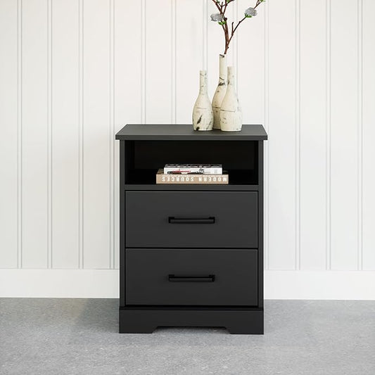 Prepac Rustic Ridge Farmhouse Nightstand Bedside Table, Black Nightstand for Bedroom, End Table with 2 Drawers and Open Shelf 16.25"D x 18.75"W x 24.5"H