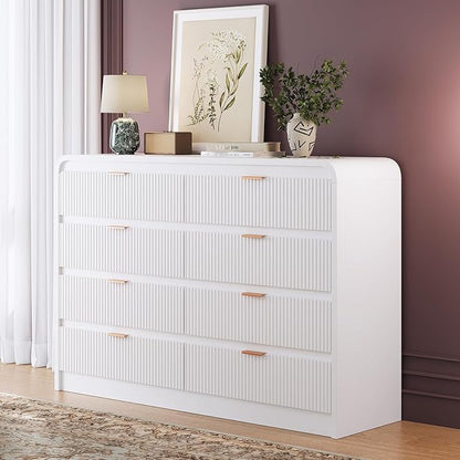 FURSUN Fluted 8 Drawers Dresser for Bedroom, 55" Wide Wooden Dresser with Metal Handle, Curved Profile Design, Modern Storage Organizer for Bedroom, Hallway (White)