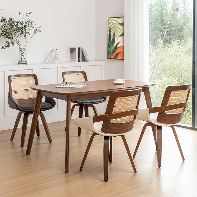 Set of 4 Swivel Rattan Dining Chairs - Walnut Dining Chairs with Bentwood Frame with Ergonomic Cane Back, Curved Arms, MCM DiningChairs for Kitchen/Conference/Restaurant/Living Room (Walnut Beige)