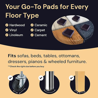 CasterMaster Non Slip Furniture Pads for Hardwood Floors - 4x4 Black Round Caster Cups - Rubber Feet for Furniture - Anti Slip Couch & Furniture Grip - Bed Frame Feet Protectors (Set of 4)