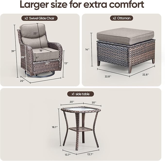 Swivel Patio Chairs sofa Set of 5 with 6" Thick Cushion - Wicker Outdoor Swivel Rocker Patio Chair with Side Table, High Back Comfortable Outdoor Glider Chairs - Brown Wicker | Grey Cushions