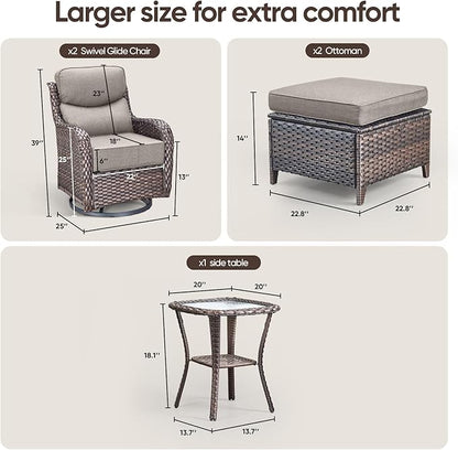 Swivel Patio Chairs sofa Set of 5 with 6" Thick Cushion - Wicker Outdoor Swivel Rocker Patio Chair with Side Table, High Back Comfortable Outdoor Glider Chairs - Brown Wicker | Grey Cushions