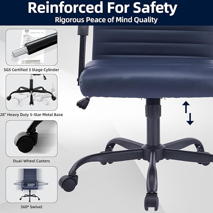 Office Chair, Ergonomic Executive Conference Room Chairs, Ribbed Leather Desk Chair with Lumbar Support, Adjustable Height Mid-Back Swivel Chair with Padded Seat and Square Tube Armrests